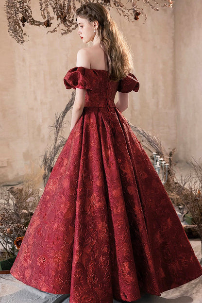 Burgundy Printed Floor Length Prom Dress, A-Line Off the Shoulder Formal Evening Dress