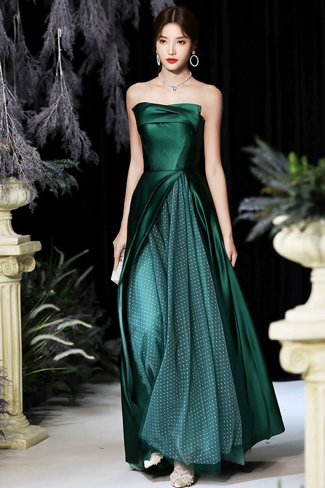 Dark Green Satin Long Prom Dress, Green A-Line Strapless Evening Dress