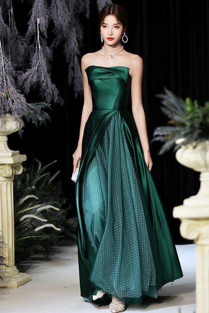 Dark Green Satin Long Prom Dress, Green A-Line Strapless Evening Dress