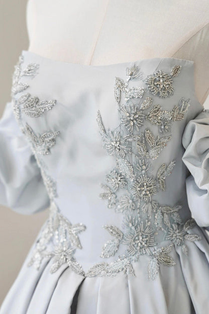 Gray Satin Beads Long Prom Dress, A-Line Short Sleeve Evening Party Dress