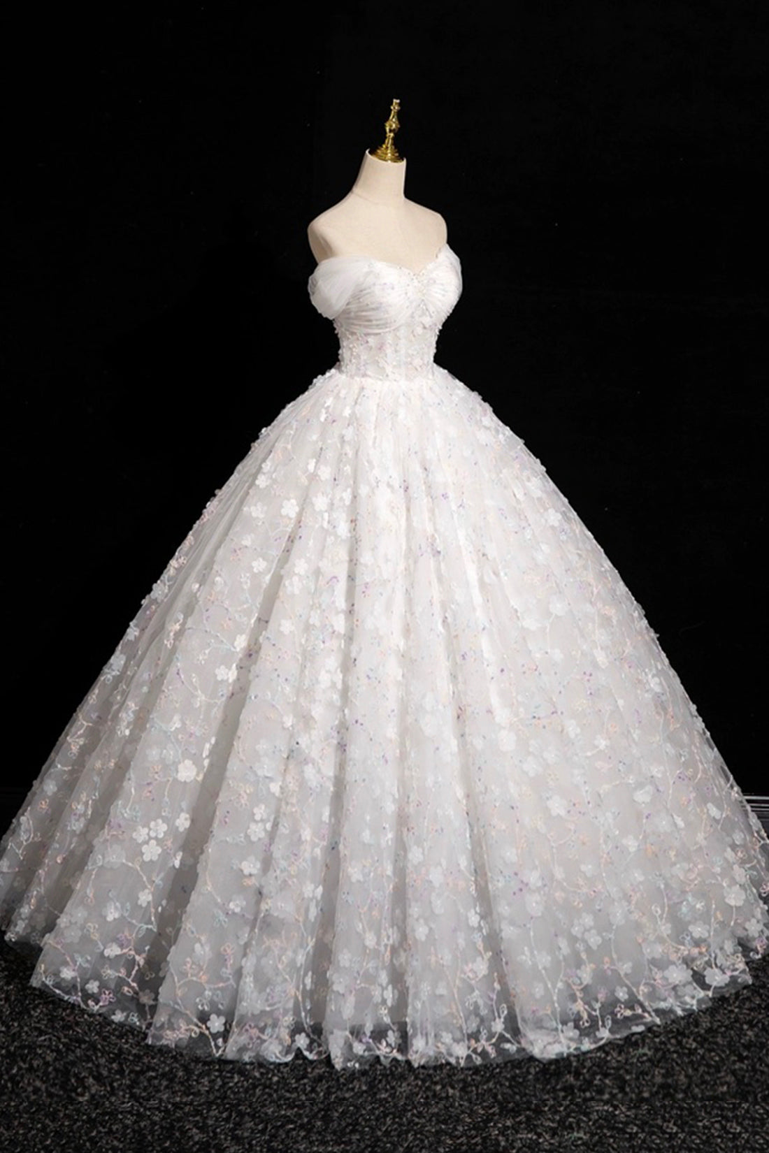 White Tulle Flowers Floor Length Prom Dresses, Beautiful A-Line Backless Sweet 16 Formal Dresses