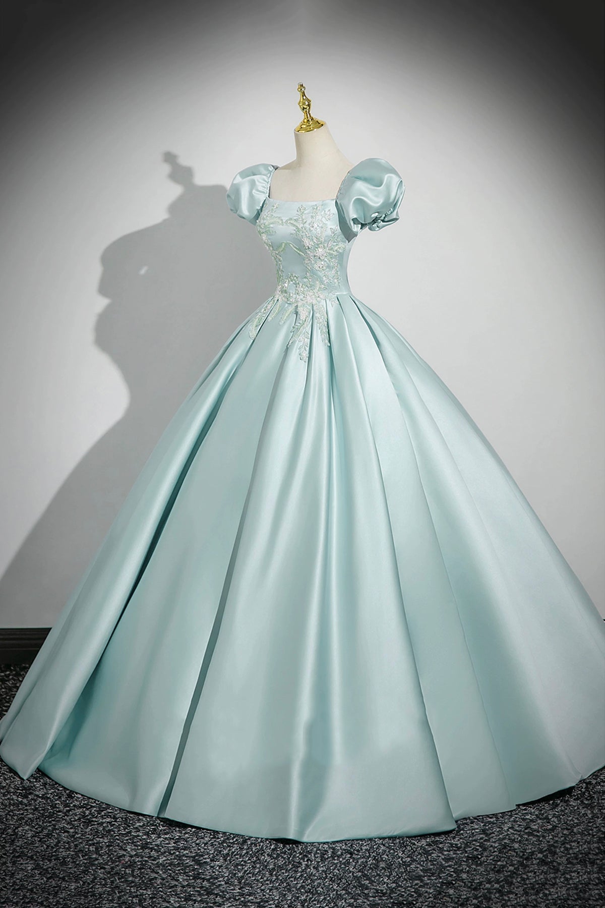 Ice Blue Satin Lace Long Prom Dress, Lovely A-Line Short Sleeve Evening Party Dress