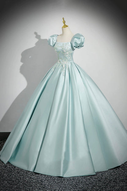 Ice Blue Satin Lace Long Prom Dress, Lovely A-Line Short Sleeve Evening Party Dress