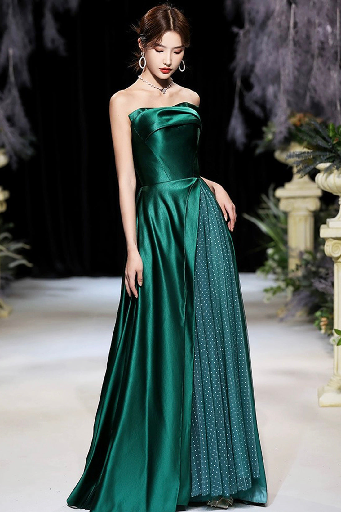 Dark Green Satin Long Prom Dress, Green A-Line Strapless Evening Dress