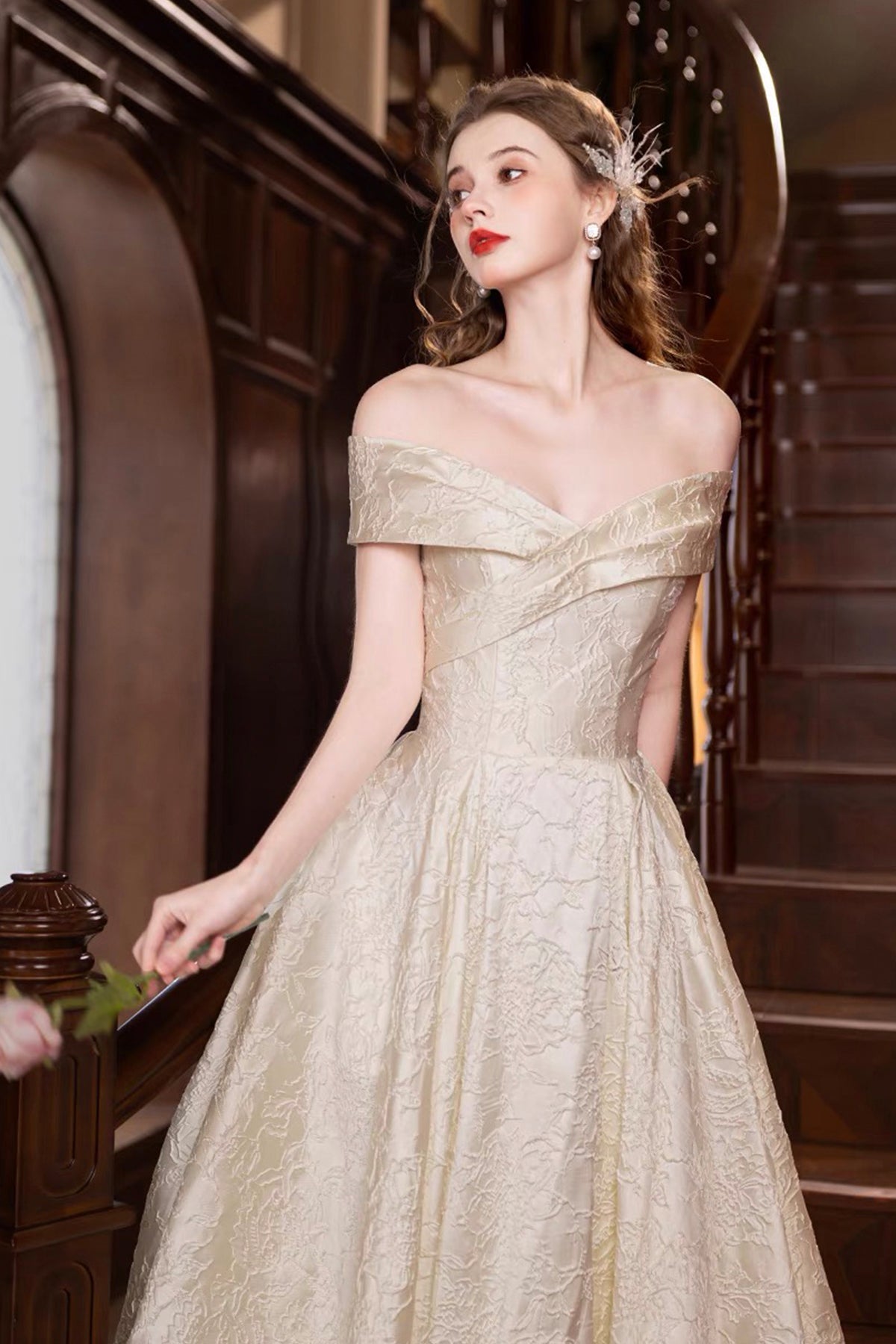 Champagne Print Satin Long Prom Dress, A-Line Off the Shoulder Party Dress