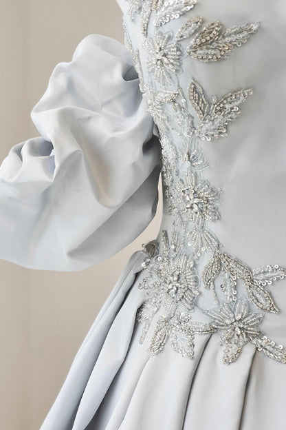 Gray Satin Beads Long Prom Dress, A-Line Short Sleeve Evening Party Dress