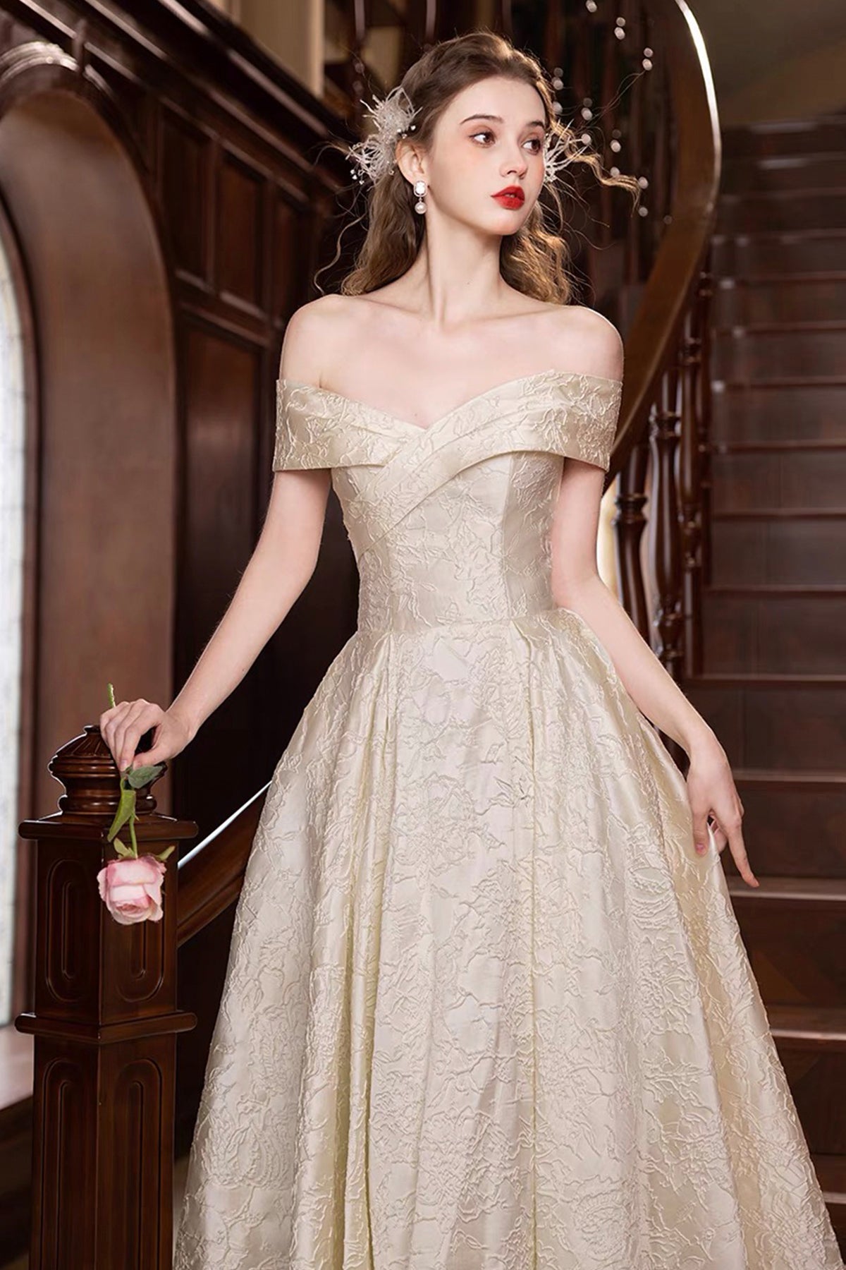 Champagne Print Satin Long Prom Dress, A-Line Off the Shoulder Party Dress