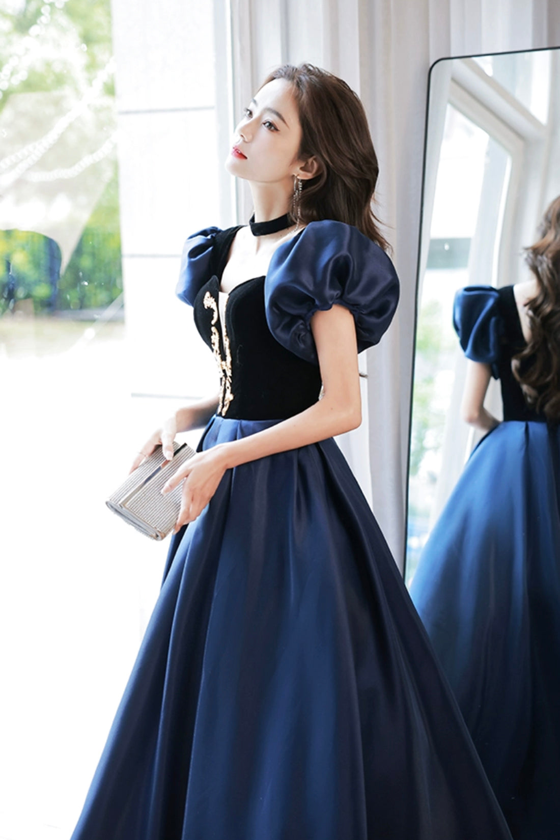 Blue Velvet and Satin Floor Length Prom Dress, Elegant Short Sleeve Evening Party Dress