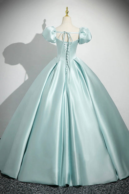 Ice Blue Satin Lace Long Prom Dress, Lovely A-Line Short Sleeve Evening Party Dress
