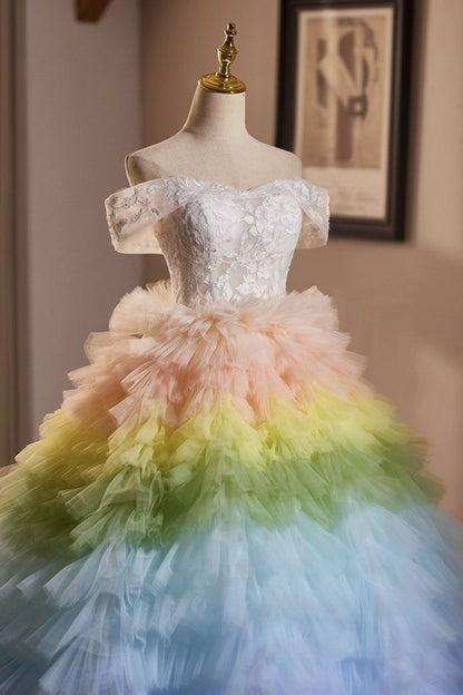 Pretty Colorful Tulle Long Prom Dress, Off the Shoulder Lace Formal Dress
