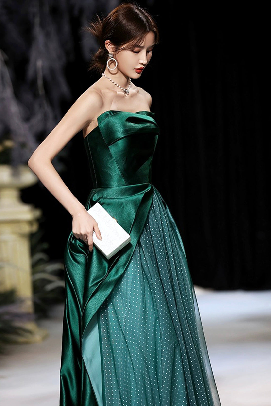 Dark Green Satin Long Prom Dress, Green A-Line Strapless Evening Dress