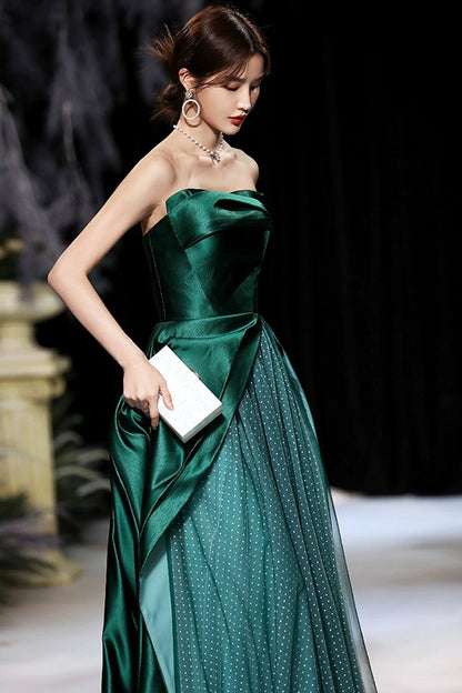 Dark Green Satin Long Prom Dress, Green A-Line Strapless Evening Dress