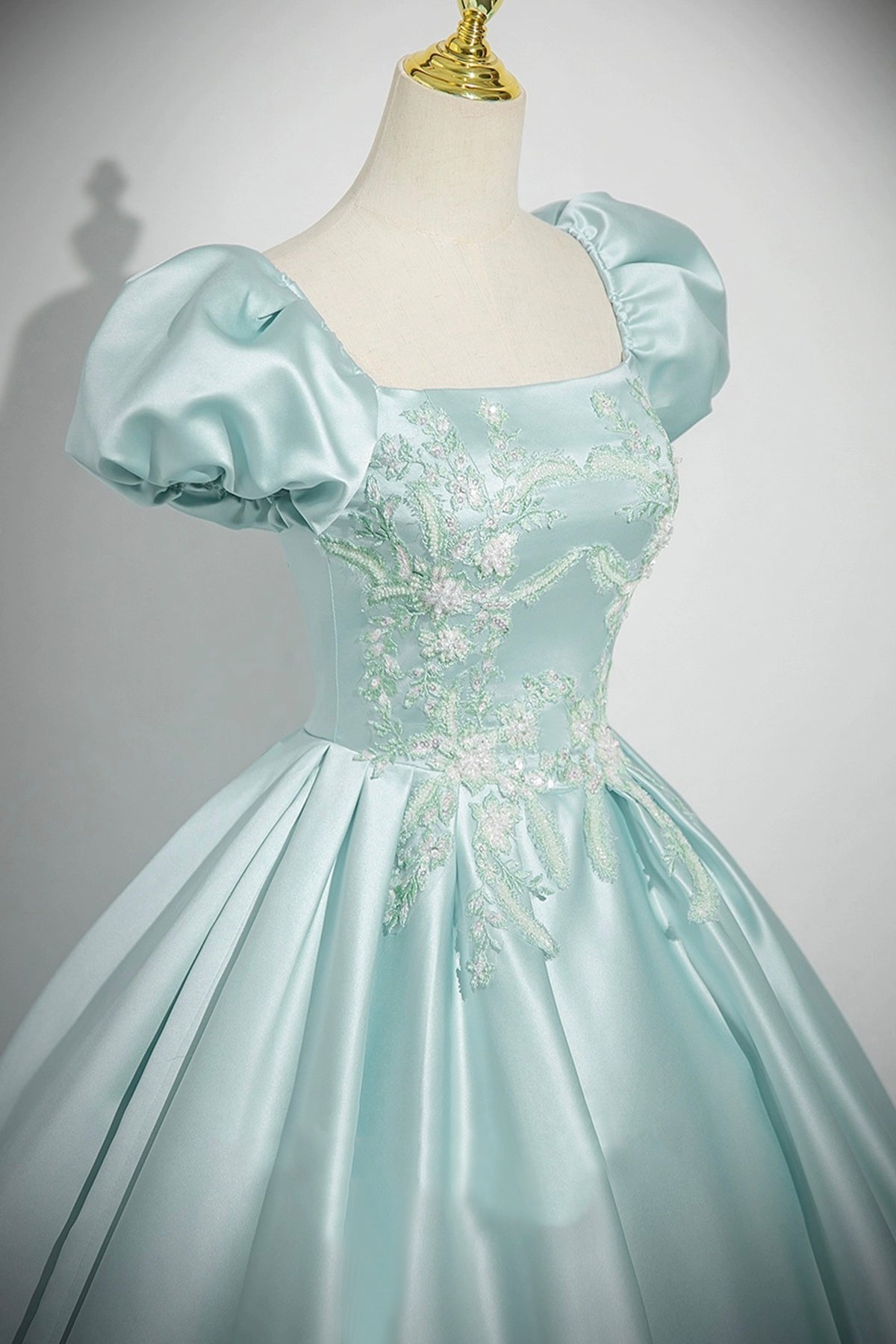 Ice Blue Satin Lace Long Prom Dress, Lovely A-Line Short Sleeve Evening Party Dress