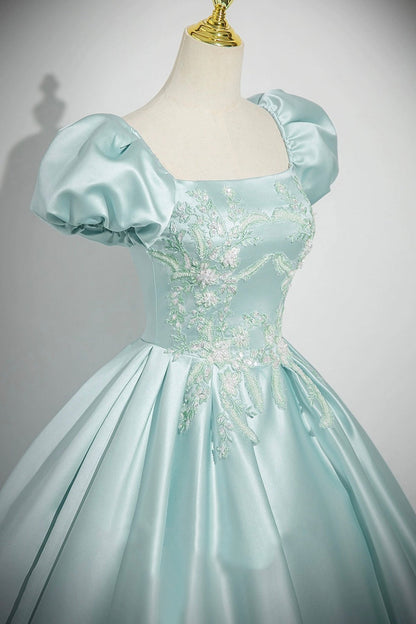 Ice Blue Satin Lace Long Prom Dress, Lovely A-Line Short Sleeve Evening Party Dress