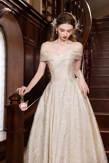 Champagne Print Satin Long Prom Dress, A-Line Off the Shoulder Party Dress