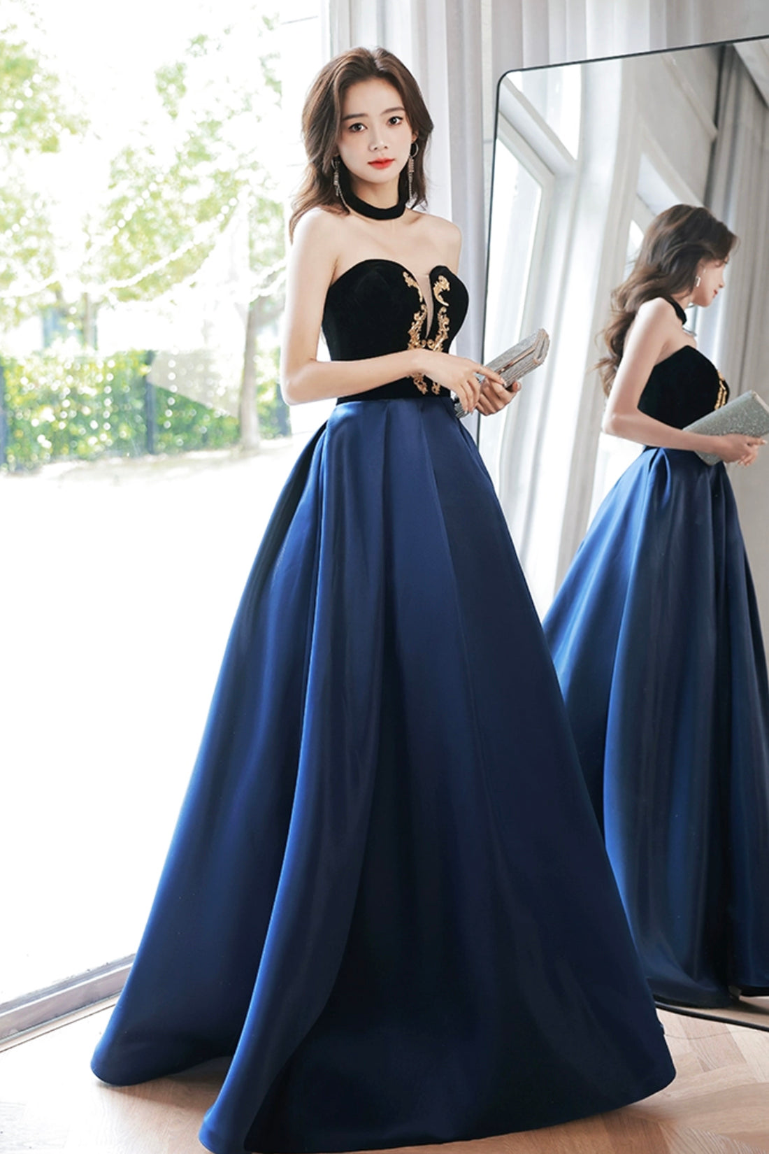 Blue Velvet and Satin Floor Length Prom Dress, Elegant Short Sleeve Evening Party Dress