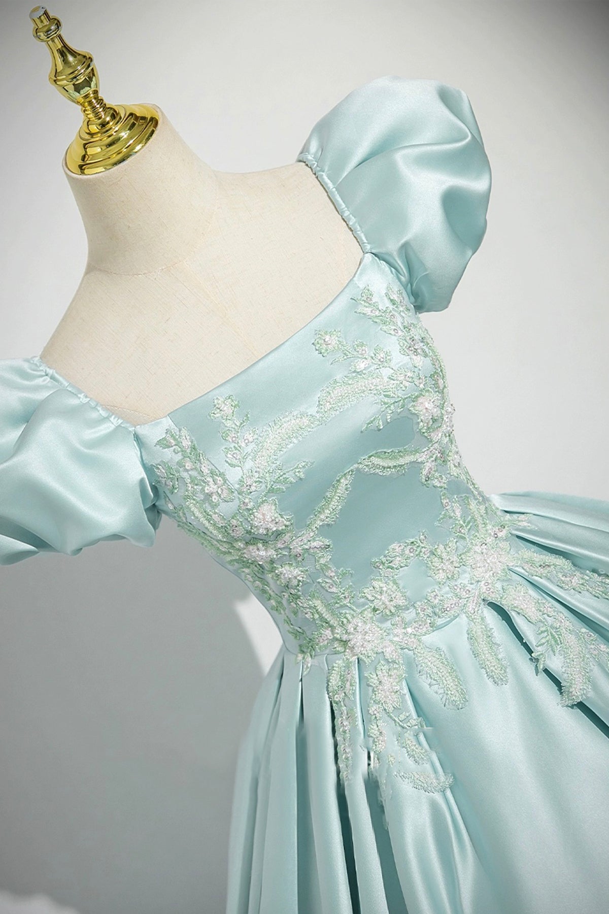 Ice Blue Satin Lace Long Prom Dress, Lovely A-Line Short Sleeve Evening Party Dress