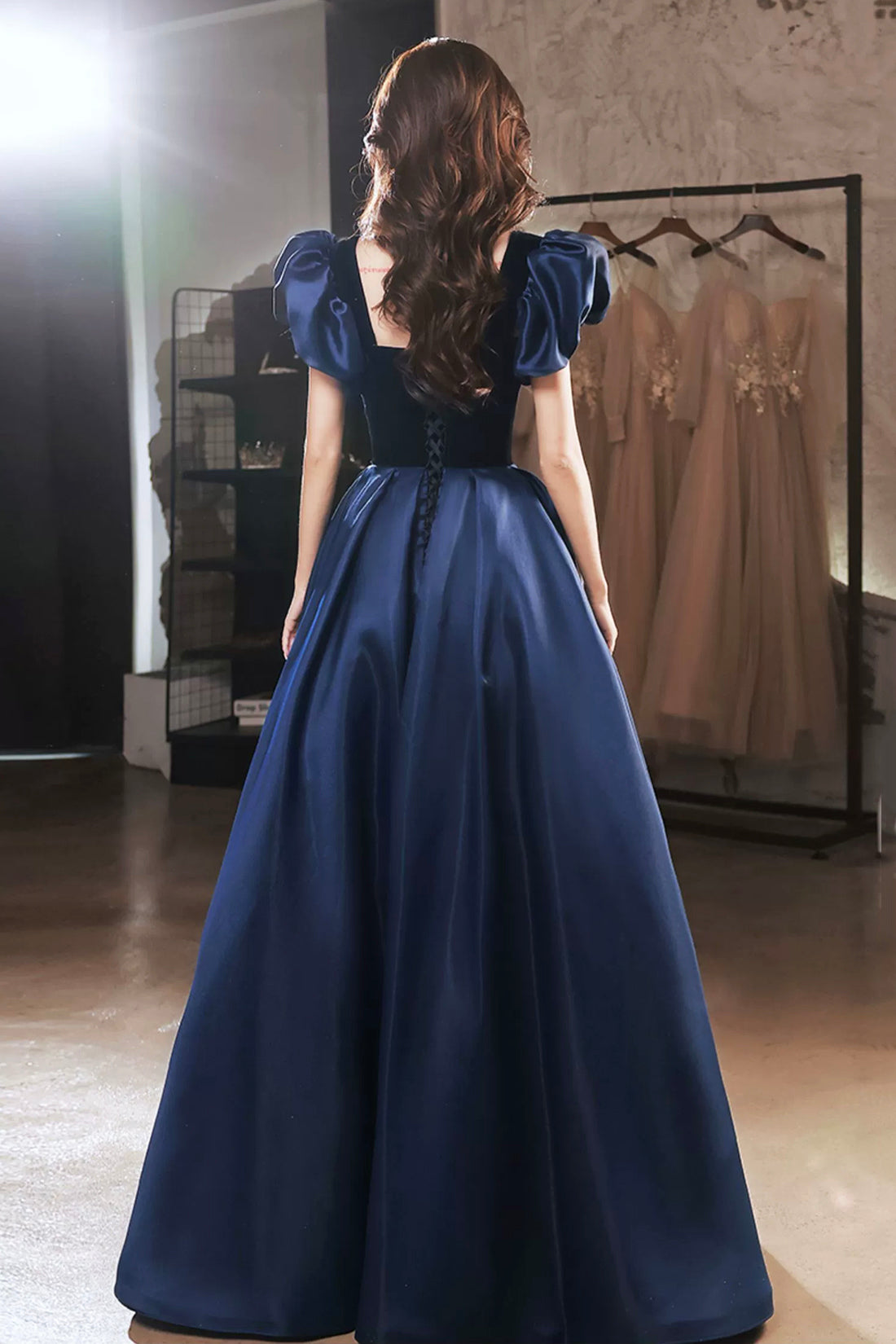 Blue Velvet and Satin Floor Length Prom Dress, Elegant Short Sleeve Evening Party Dress