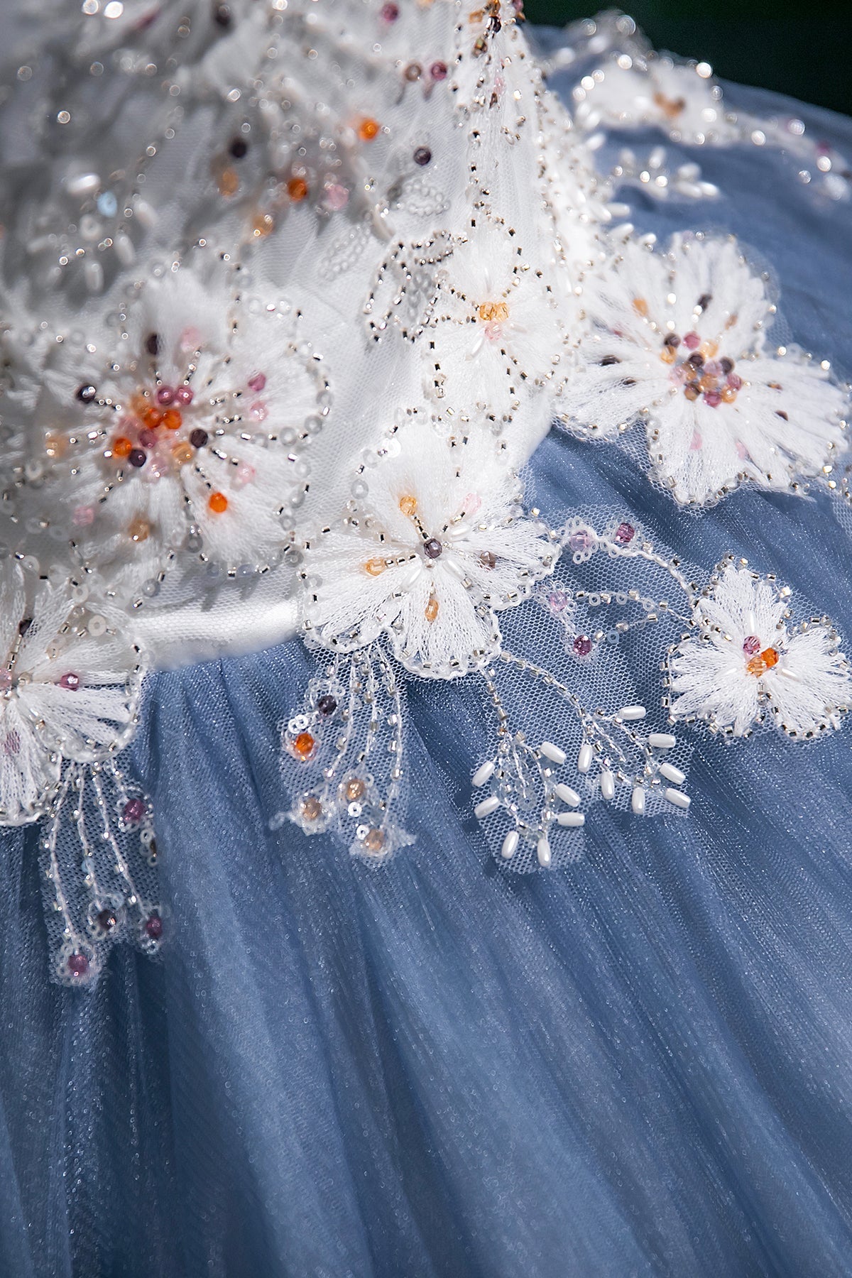 A-Line Floral Tulle Long Prom Dress, Beautiful White and Blue Party Dress