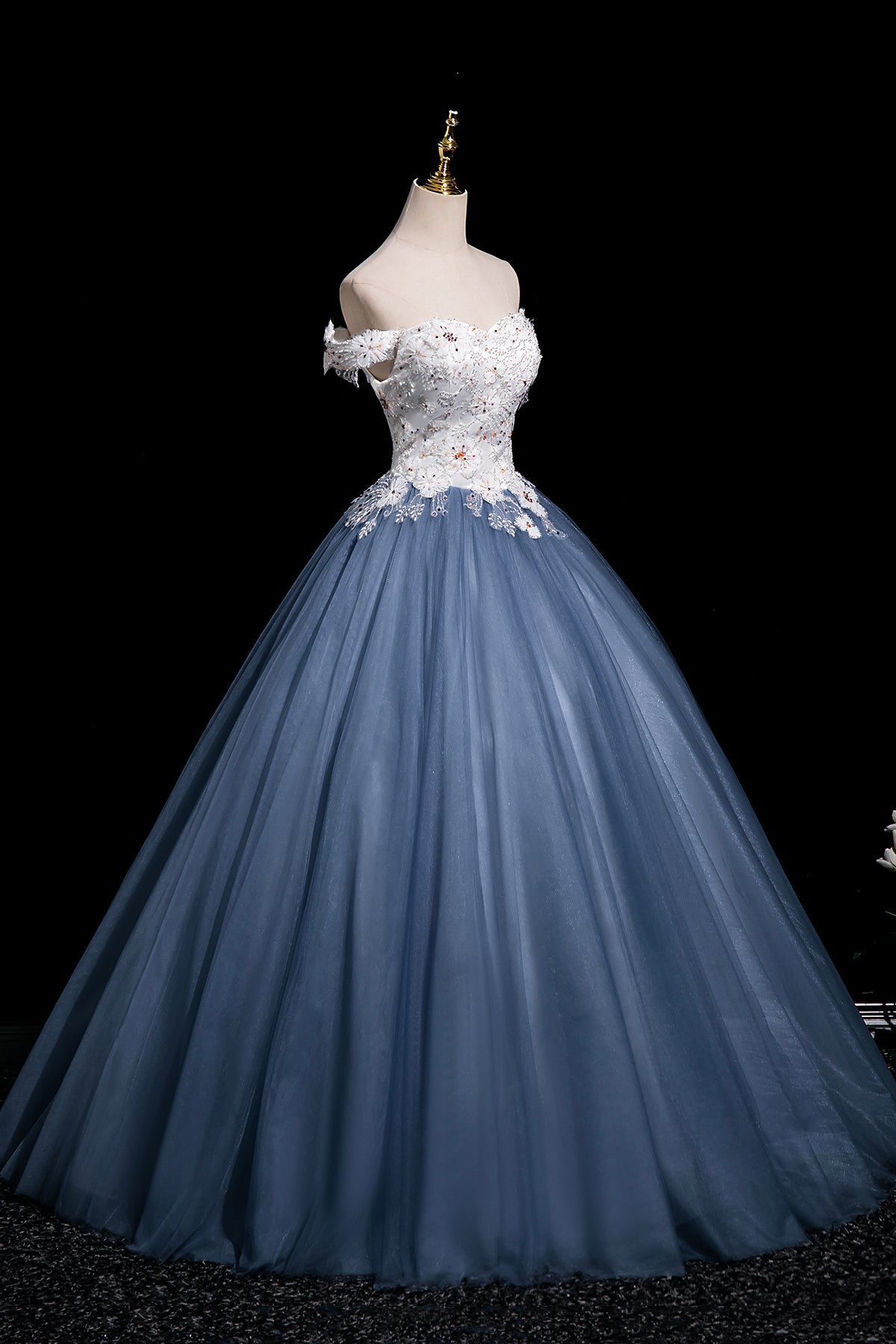 A-Line Floral Tulle Long Prom Dress, Beautiful White and Blue Party Dress