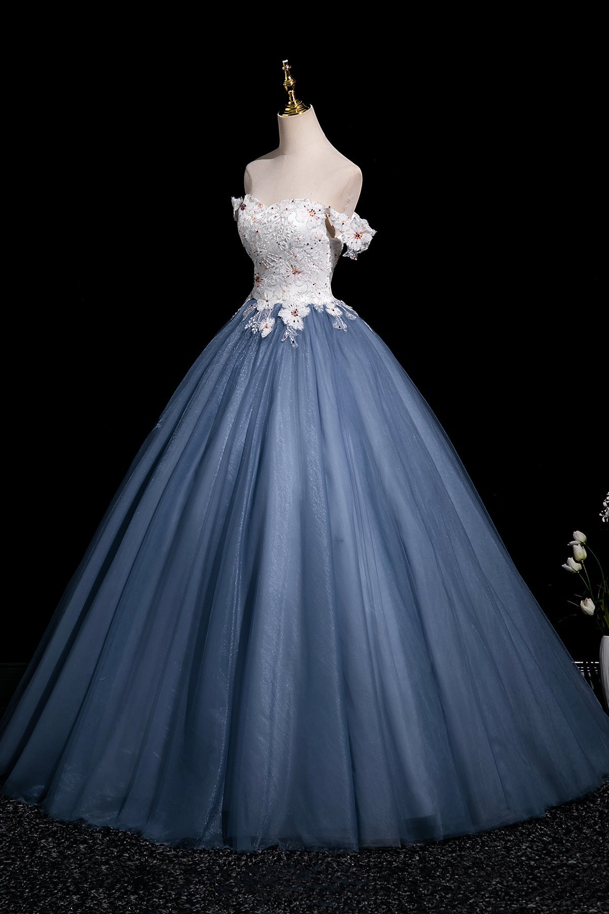A-Line Floral Tulle Long Prom Dress, Beautiful White and Blue Party Dress