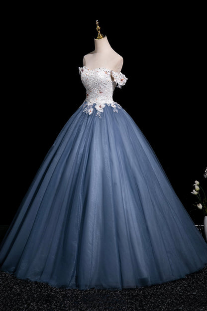 A-Line Floral Tulle Long Prom Dress, Beautiful White and Blue Party Dress