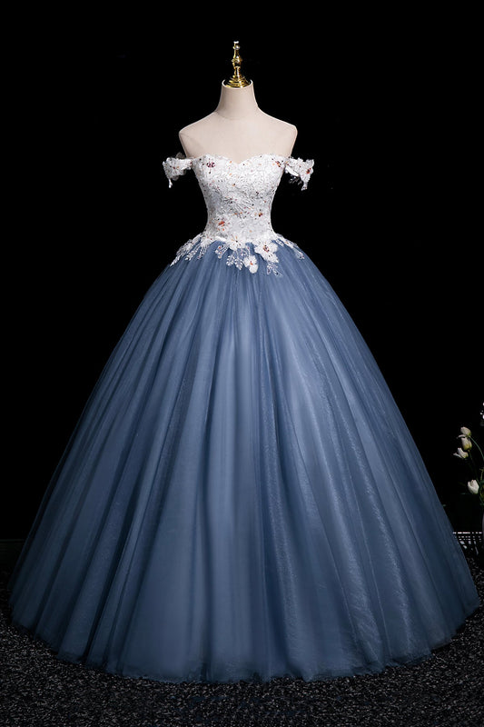 A-Line Floral Tulle Long Prom Dress, Beautiful White and Blue Party Dress