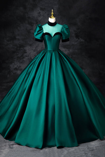 Green Satin Long Prom Dress, Elegant A-Line Short Sleeve Formal Evening Dress