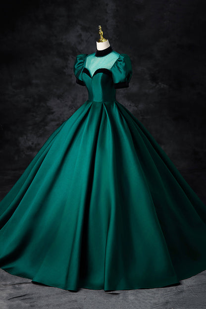Green Satin Long Prom Dress, Elegant A-Line Short Sleeve Formal Evening Dress