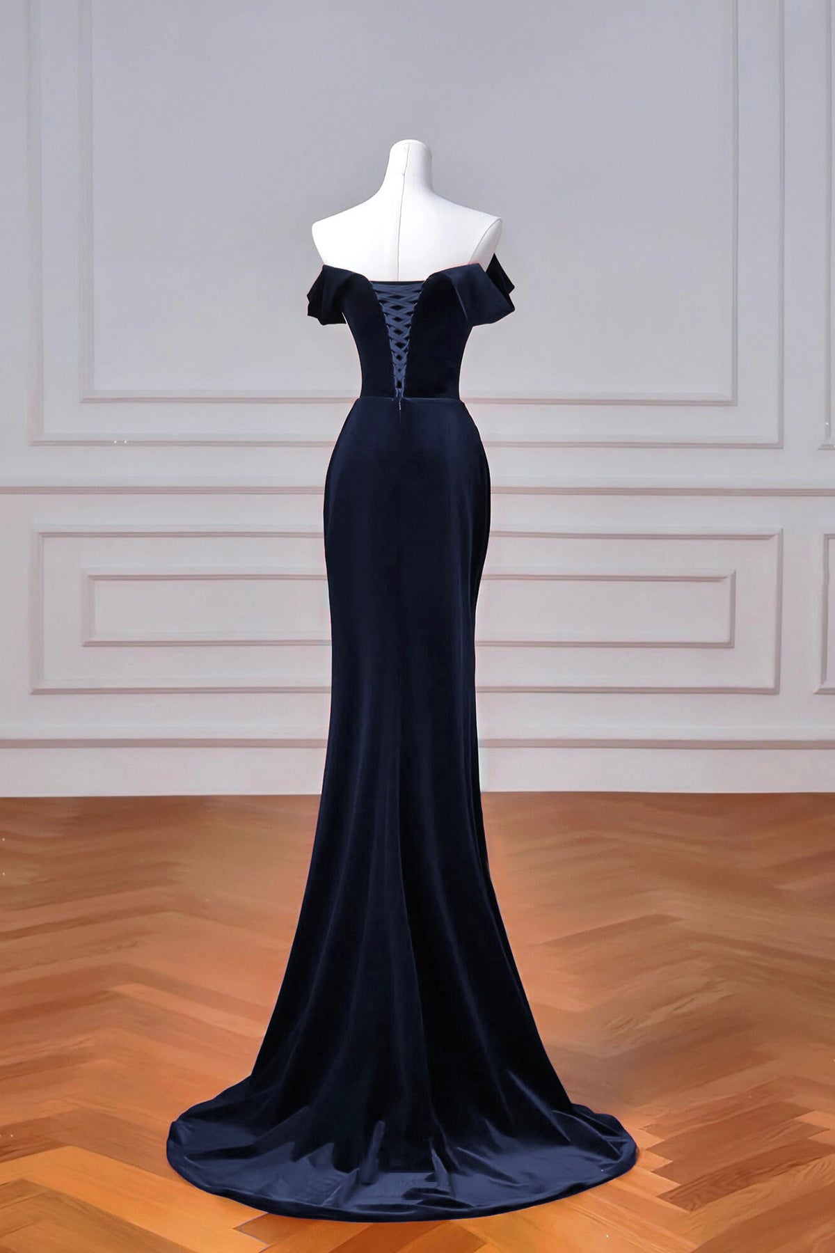 Navy Velvet Long Mermaid Prom Dress, Elegant Off the Shoulder Party Dress