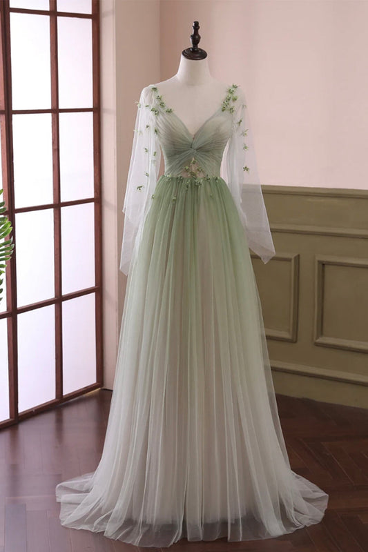 Beautiful Gradient Tulle Green Long Sleeves Party Dress, Green Evening Formal Dresses