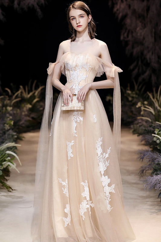 Champagne Tulle Lace Long Prom Dress, Cute A-Line Evening Dress