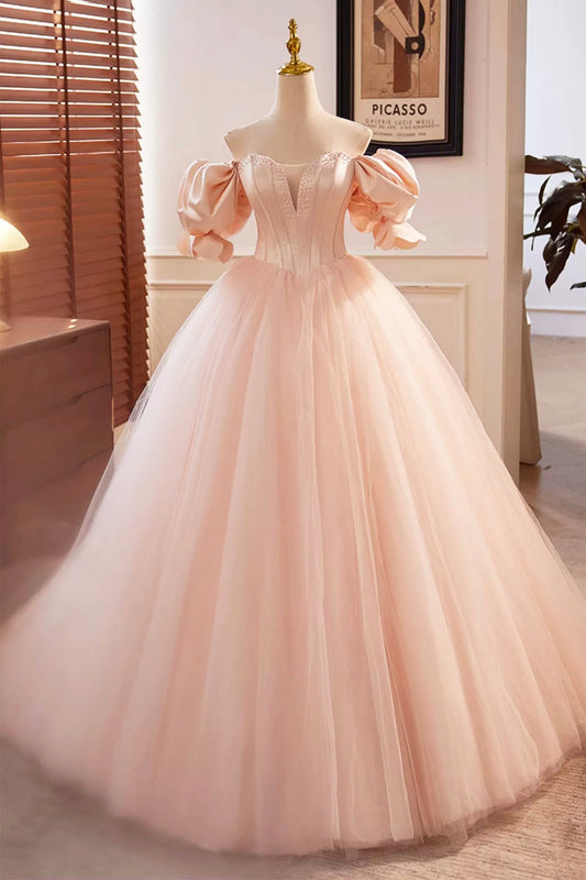 Beautiful Blushing Pink Beading Prom Dresses, Off the Shoulder Puffy Short Sleeve Backless Floor-Length Party Dresses