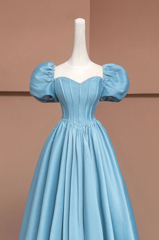 Blue Satin Long A-Line Prom Dress with Pearls, Cute Short Sleeve Evening Dress