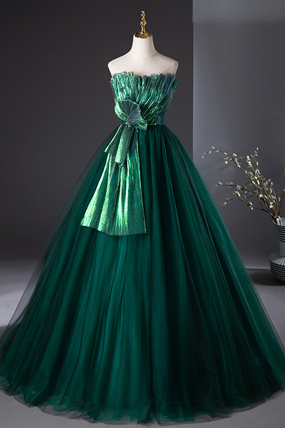 Dark Green Strapless Tulle Long Prom Dress, Beautiful A-Line Formal Evening Dress