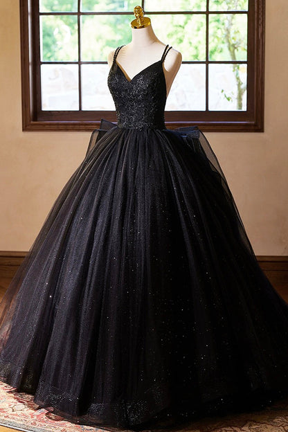 Black V-Neck Tulle Lace Prom Dress, Gorgeous A-Line Evening Party Dress