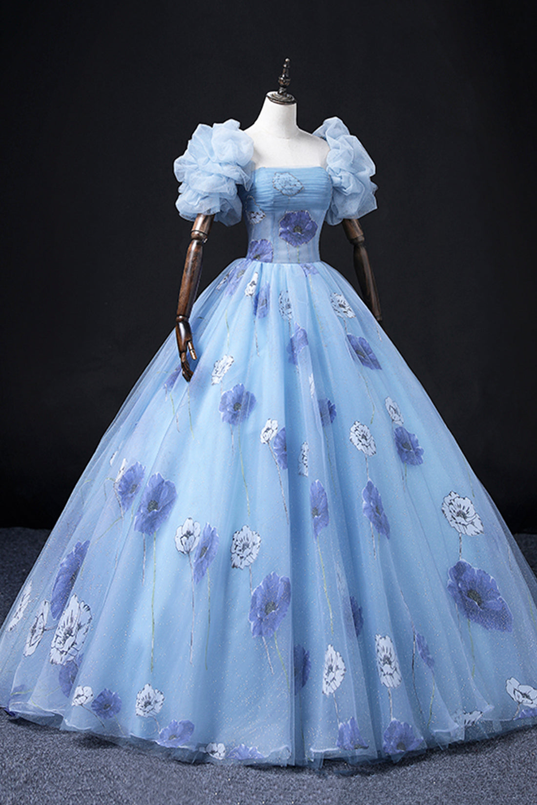 Beautiful Floral Tulle Long Prom Dress, Blue Short Sleeve Evening Dress