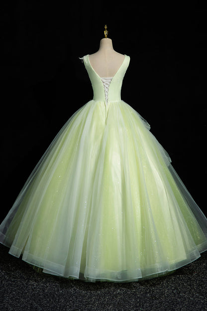 Charming Tulle Lace Green Prom Dresses, V-Neck Sleeveless Floor-Length Formal Evening Dresses
