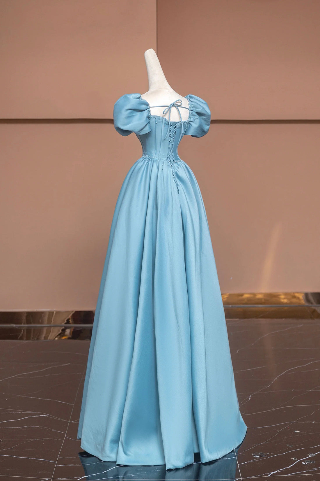 Blue Satin Long A-Line Prom Dress with Pearls, Cute Short Sleeve Evening Dress