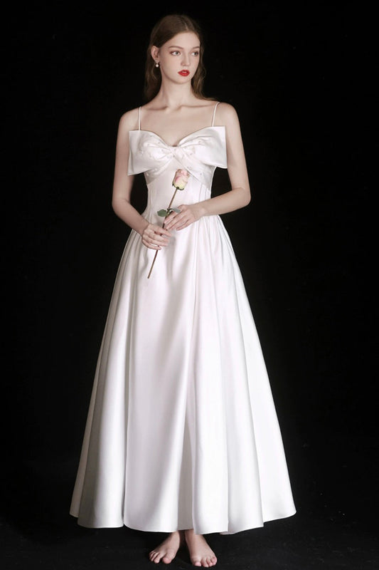 Cute Satin Tea Length Prom Dress, White Spaghetti Strap A-Line Evening Party Dress