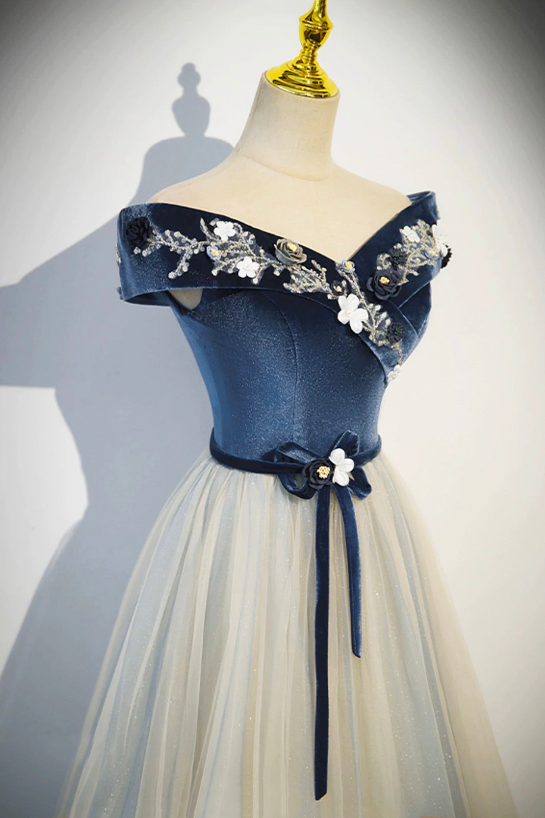 Blue Beading Appliques V-Neck Floor Length Prom Dress, Off the Shoulder Princess A-Line Formal Dress