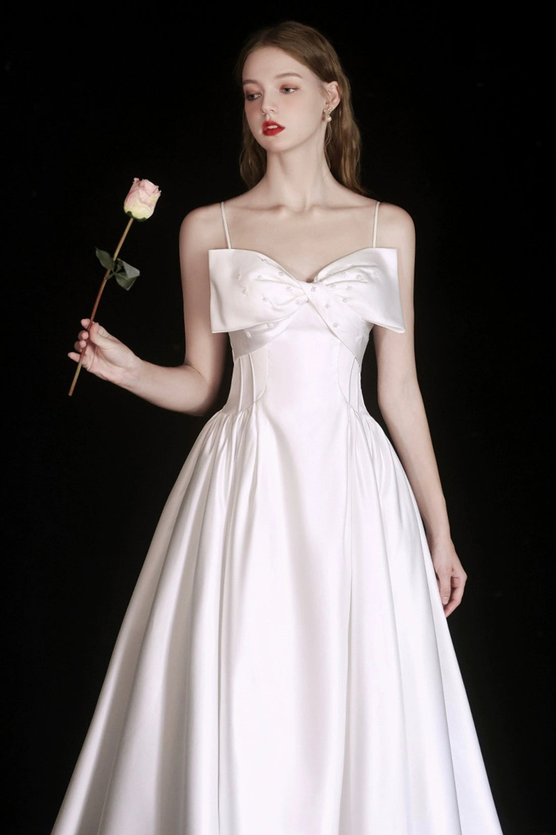 Cute Satin Tea Length Prom Dress, White Spaghetti Strap A-Line Evening Party Dress