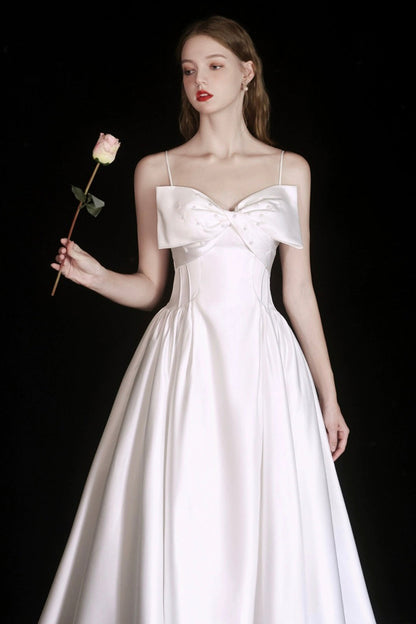 Cute Satin Tea Length Prom Dress, White Spaghetti Strap A-Line Evening Party Dress