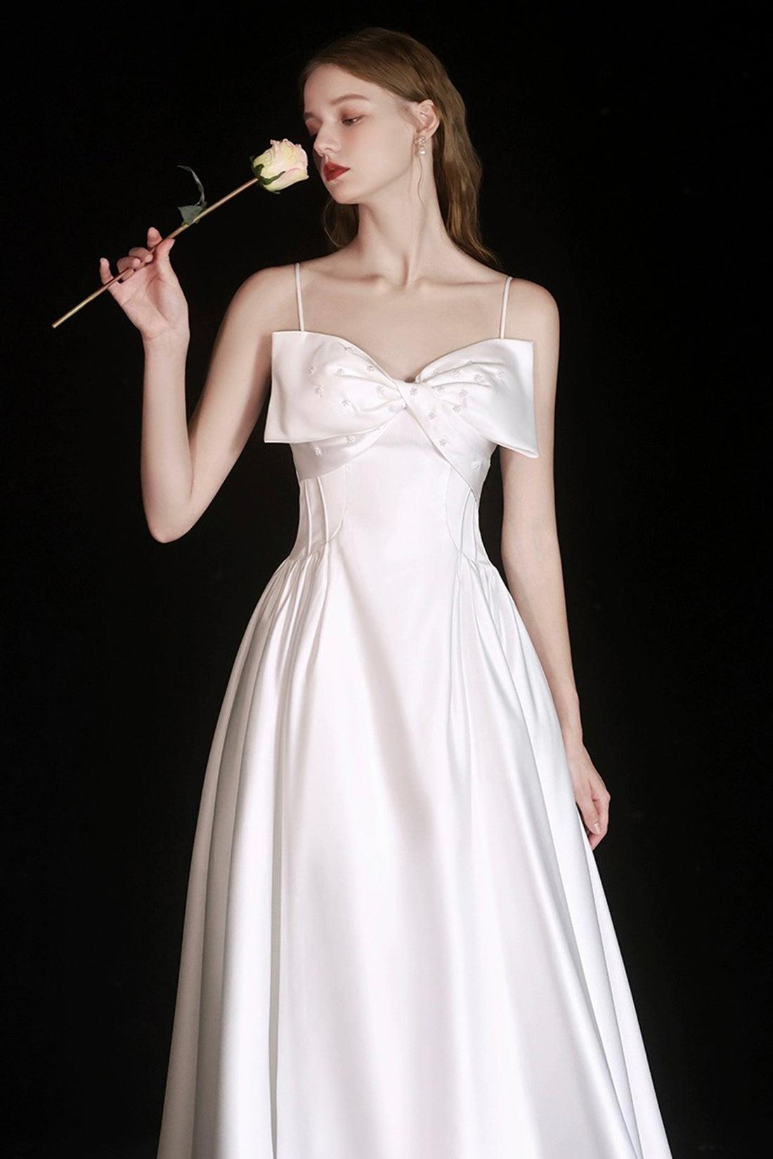 Cute Satin Tea Length Prom Dress, White Spaghetti Strap A-Line Evening Party Dress