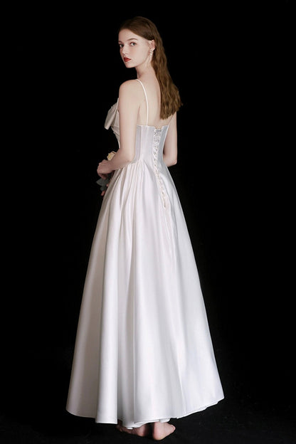 Cute Satin Tea Length Prom Dress, White Spaghetti Strap A-Line Evening Party Dress