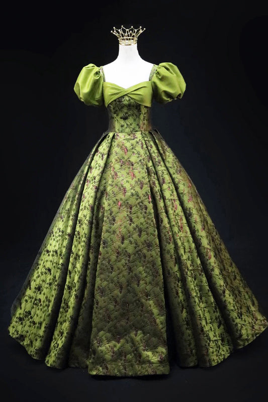 Green Printed Long A-Line Prom Dress, Elegant Short Sleeve Formal Evening Dress