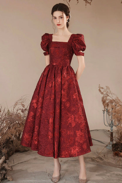 Burgundy Short Sleeve Tea Length Prom Dress, Lovely A-Line Evening Party Dress