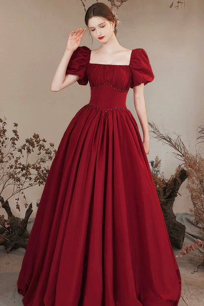 Burgundy Satin Long Prom Dress, Beautiful A-Line Short Sleeve Evening Dress