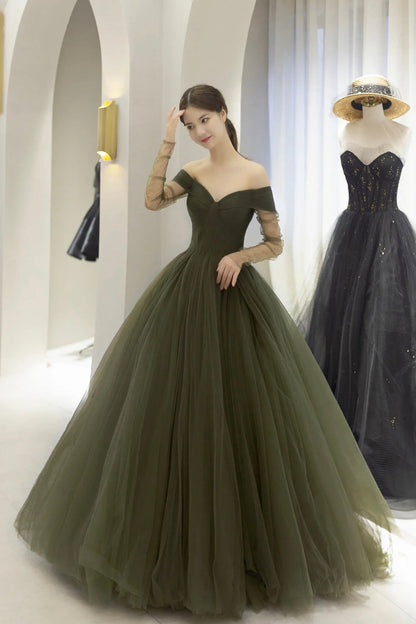 Green Tulle Floor Length Prom Dress, A-Line Long Sleeve Evening Party Dress