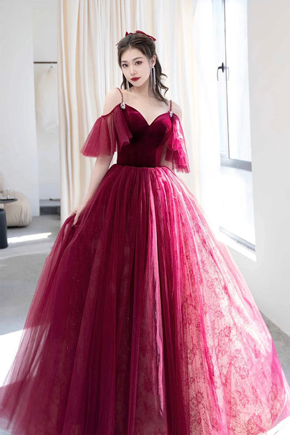Burgundy V-Neck Velvet and Tulle Long Prom Dress, A-Line Spaghetti Strap Formal Evening Dress